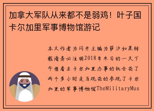 加拿大军队从来都不是弱鸡！叶子国卡尔加里军事博物馆游记