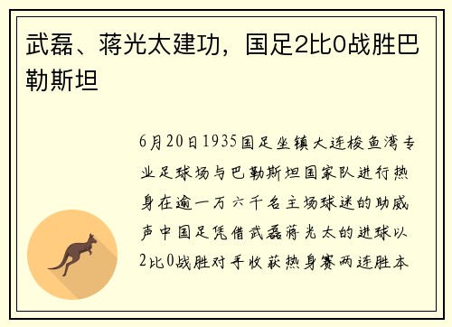 武磊、蒋光太建功，国足2比0战胜巴勒斯坦